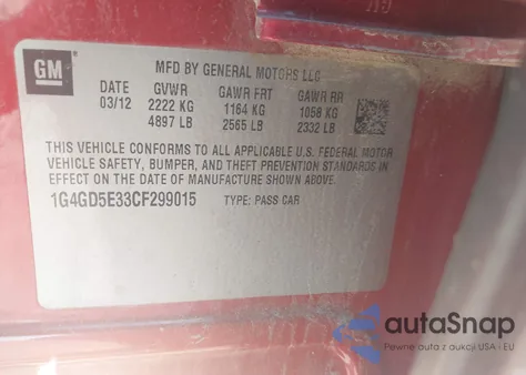 2012 Buick Lacrosse Premium 1 Group z USA, uszkodzony, nr VIN 1G4GD5E33CF299015